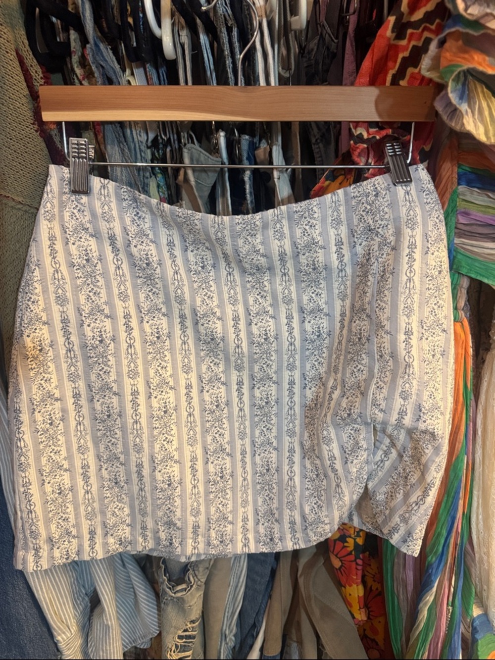 Striped Floral Print Mini Skirt in White and Blue